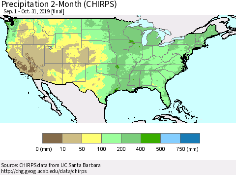 United States Precipitation 2-Month (CHIRPS) Thematic Map For 9/1/2019 - 10/31/2019