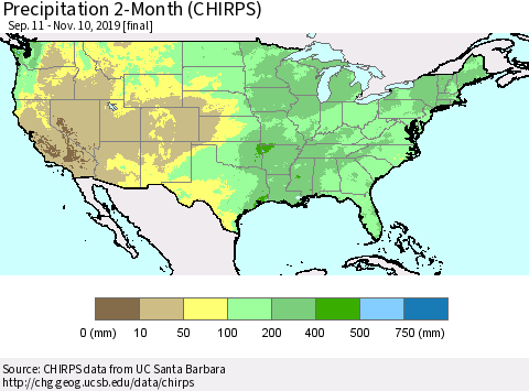 United States Precipitation 2-Month (CHIRPS) Thematic Map For 9/11/2019 - 11/10/2019