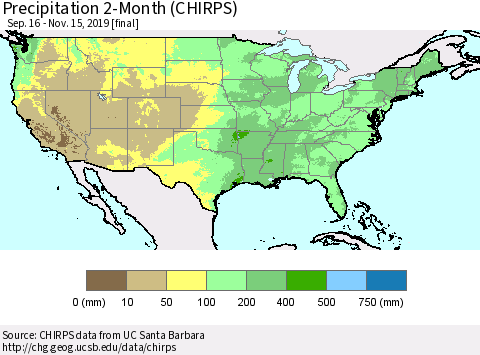 United States Precipitation 2-Month (CHIRPS) Thematic Map For 9/16/2019 - 11/15/2019