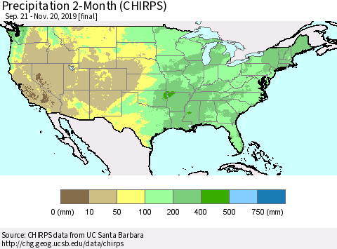 United States Precipitation 2-Month (CHIRPS) Thematic Map For 9/21/2019 - 11/20/2019