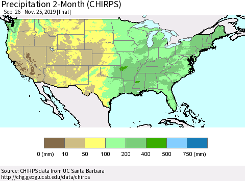 United States Precipitation 2-Month (CHIRPS) Thematic Map For 9/26/2019 - 11/25/2019