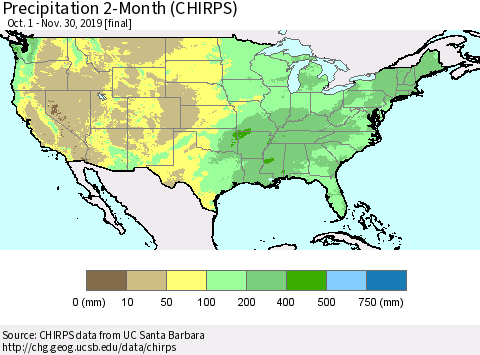 United States Precipitation 2-Month (CHIRPS) Thematic Map For 10/1/2019 - 11/30/2019