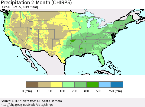 United States Precipitation 2-Month (CHIRPS) Thematic Map For 10/6/2019 - 12/5/2019