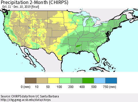 United States Precipitation 2-Month (CHIRPS) Thematic Map For 10/11/2019 - 12/10/2019