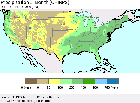 United States Precipitation 2-Month (CHIRPS) Thematic Map For 10/16/2019 - 12/15/2019