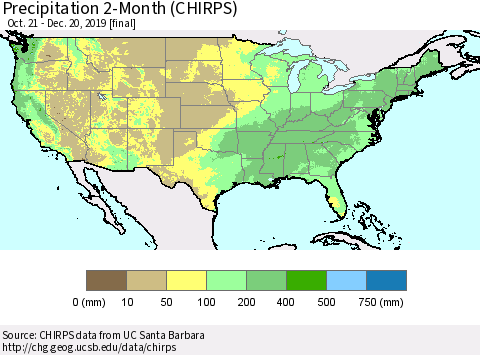 United States Precipitation 2-Month (CHIRPS) Thematic Map For 10/21/2019 - 12/20/2019