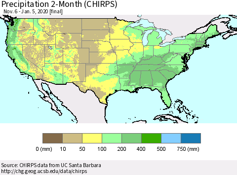 United States Precipitation 2-Month (CHIRPS) Thematic Map For 11/6/2019 - 1/5/2020
