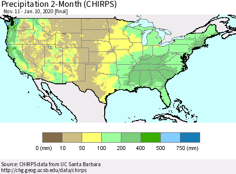 United States Precipitation 2-Month (CHIRPS) Thematic Map For 11/11/2019 - 1/10/2020