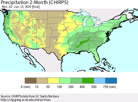 United States Precipitation 2-Month (CHIRPS) Thematic Map For 11/16/2019 - 1/15/2020