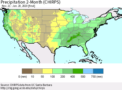 United States Precipitation 2-Month (CHIRPS) Thematic Map For 11/21/2019 - 1/20/2020