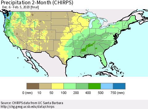 United States Precipitation 2-Month (CHIRPS) Thematic Map For 12/6/2019 - 2/5/2020