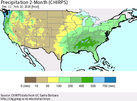 United States Precipitation 2-Month (CHIRPS) Thematic Map For 12/11/2019 - 2/10/2020
