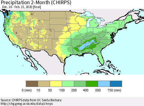 United States Precipitation 2-Month (CHIRPS) Thematic Map For 12/16/2019 - 2/15/2020