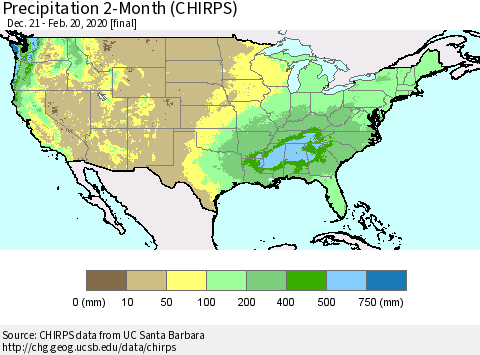 United States Precipitation 2-Month (CHIRPS) Thematic Map For 12/21/2019 - 2/20/2020