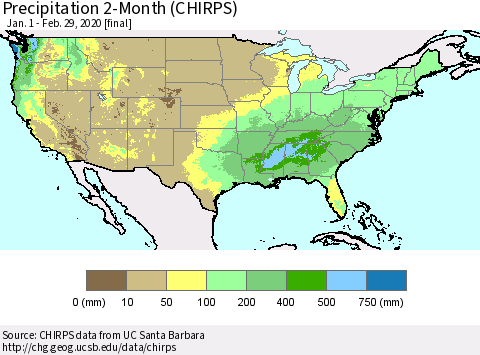 United States Precipitation 2-Month (CHIRPS) Thematic Map For 1/1/2020 - 2/29/2020