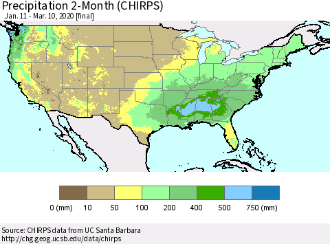 United States Precipitation 2-Month (CHIRPS) Thematic Map For 1/11/2020 - 3/10/2020