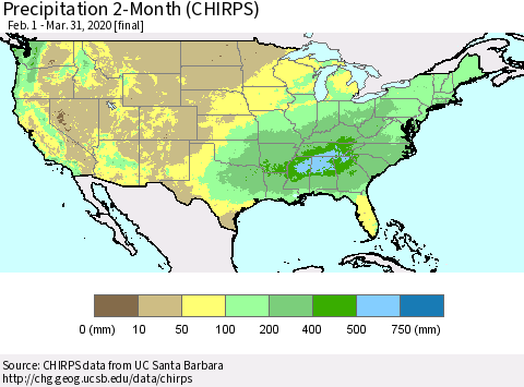 United States Precipitation 2-Month (CHIRPS) Thematic Map For 2/1/2020 - 3/31/2020