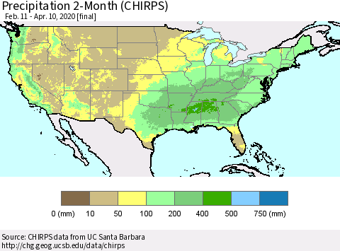 United States Precipitation 2-Month (CHIRPS) Thematic Map For 2/11/2020 - 4/10/2020