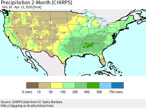 United States Precipitation 2-Month (CHIRPS) Thematic Map For 2/16/2020 - 4/15/2020