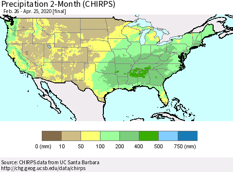 United States Precipitation 2-Month (CHIRPS) Thematic Map For 2/26/2020 - 4/25/2020