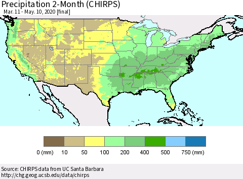 United States Precipitation 2-Month (CHIRPS) Thematic Map For 3/11/2020 - 5/10/2020