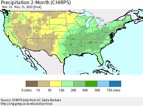 United States Precipitation 2-Month (CHIRPS) Thematic Map For 3/16/2020 - 5/15/2020