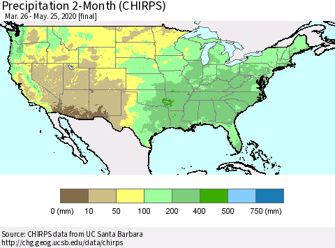 United States Precipitation 2-Month (CHIRPS) Thematic Map For 3/26/2020 - 5/25/2020