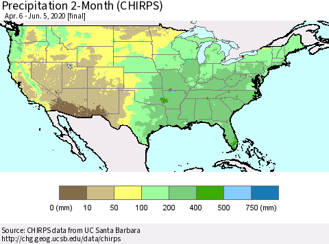 United States Precipitation 2-Month (CHIRPS) Thematic Map For 4/6/2020 - 6/5/2020