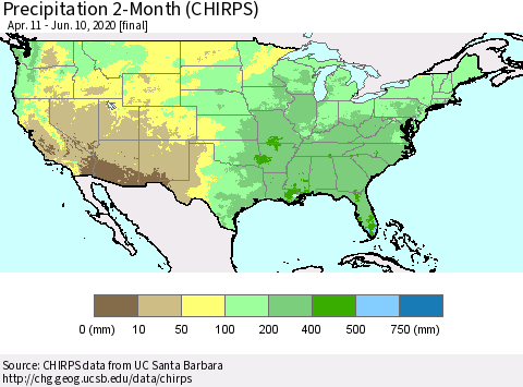 United States Precipitation 2-Month (CHIRPS) Thematic Map For 4/11/2020 - 6/10/2020