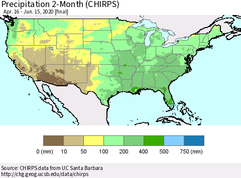 United States Precipitation 2-Month (CHIRPS) Thematic Map For 4/16/2020 - 6/15/2020