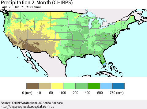 United States Precipitation 2-Month (CHIRPS) Thematic Map For 4/21/2020 - 6/20/2020