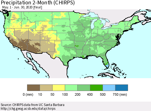 United States Precipitation 2-Month (CHIRPS) Thematic Map For 5/1/2020 - 6/30/2020
