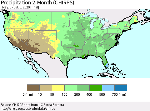 United States Precipitation 2-Month (CHIRPS) Thematic Map For 5/6/2020 - 7/5/2020