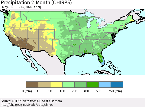 United States Precipitation 2-Month (CHIRPS) Thematic Map For 5/16/2020 - 7/15/2020