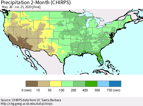 United States Precipitation 2-Month (CHIRPS) Thematic Map For 5/26/2020 - 7/25/2020