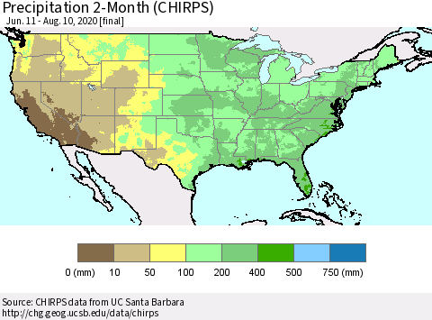 United States Precipitation 2-Month (CHIRPS) Thematic Map For 6/11/2020 - 8/10/2020