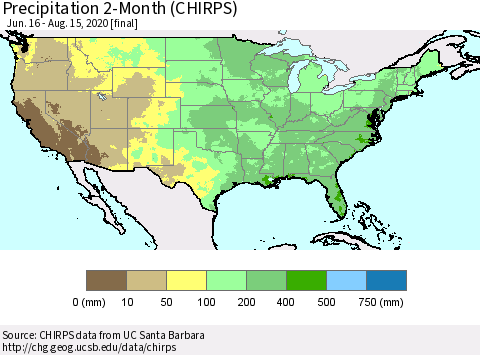 United States Precipitation 2-Month (CHIRPS) Thematic Map For 6/16/2020 - 8/15/2020