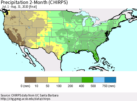 United States Precipitation 2-Month (CHIRPS) Thematic Map For 7/1/2020 - 8/31/2020