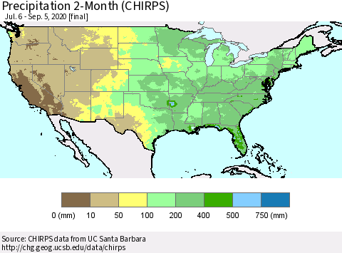 United States Precipitation 2-Month (CHIRPS) Thematic Map For 7/6/2020 - 9/5/2020