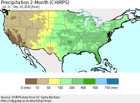 United States Precipitation 2-Month (CHIRPS) Thematic Map For 7/11/2020 - 9/10/2020