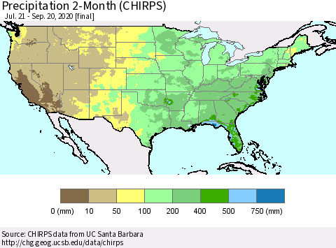 United States Precipitation 2-Month (CHIRPS) Thematic Map For 7/21/2020 - 9/20/2020