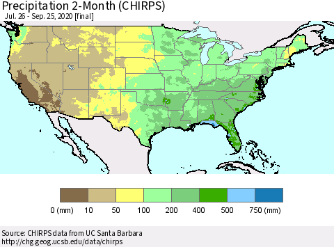 United States Precipitation 2-Month (CHIRPS) Thematic Map For 7/26/2020 - 9/25/2020