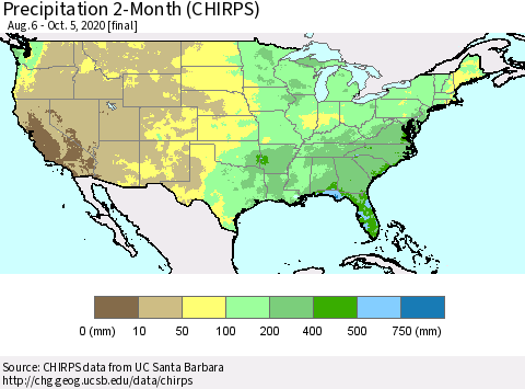 United States Precipitation 2-Month (CHIRPS) Thematic Map For 8/6/2020 - 10/5/2020