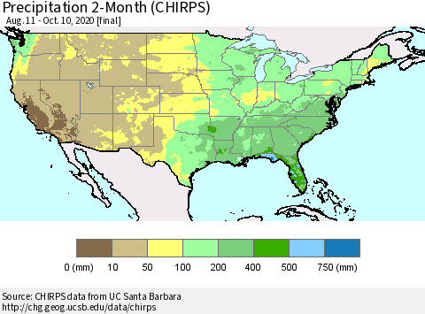 United States Precipitation 2-Month (CHIRPS) Thematic Map For 8/11/2020 - 10/10/2020