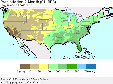 United States Precipitation 2-Month (CHIRPS) Thematic Map For 8/16/2020 - 10/15/2020