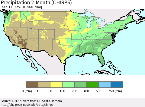 United States Precipitation 2-Month (CHIRPS) Thematic Map For 9/11/2020 - 11/10/2020