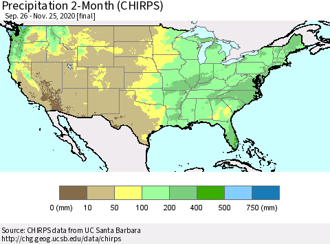 United States Precipitation 2-Month (CHIRPS) Thematic Map For 9/26/2020 - 11/25/2020