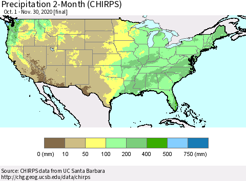 United States Precipitation 2-Month (CHIRPS) Thematic Map For 10/1/2020 - 11/30/2020