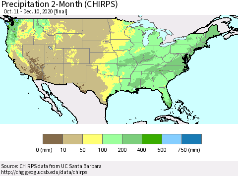 United States Precipitation 2-Month (CHIRPS) Thematic Map For 10/11/2020 - 12/10/2020