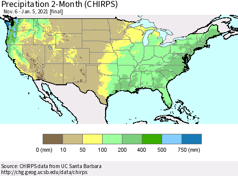 United States Precipitation 2-Month (CHIRPS) Thematic Map For 11/6/2020 - 1/5/2021